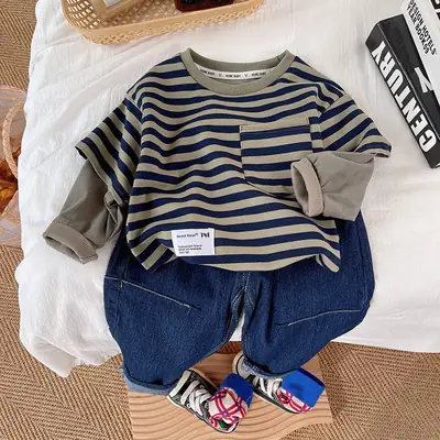 Boys Striped T-Shirt & Pants Spring Outfit 2026
