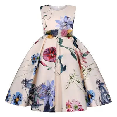 2025 Kids Floral Princess Dress Blue Retro Print