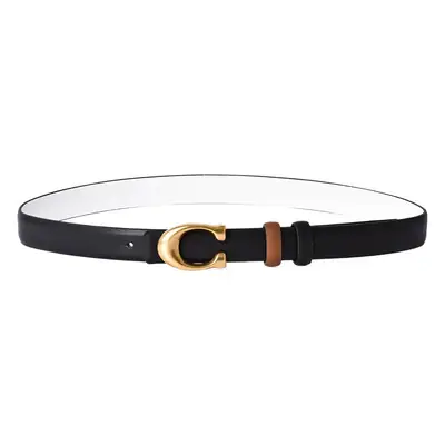 Black Leather Belt with Gold Button for Women