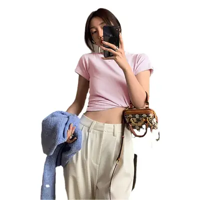 Women's Pink Cotton Crewneck T-Shirt Slim Fit