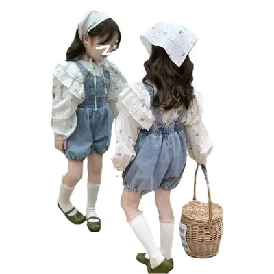 Korean Girls Floral Flying Sleeve Doll Shirt with Denim Pants Two-Piece Suit