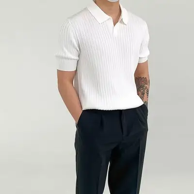 White Striped Polo Shirt for Men Summer Wear