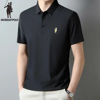 Men Ice Silk Polo Shirt Navy Blue Lapel Short Sleeve