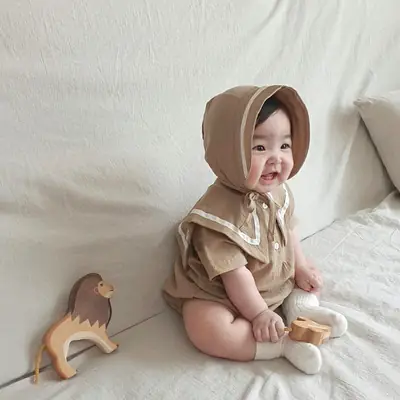 Baby Hooded Cotton Lap Sleeves Jumpsuit Set Brown