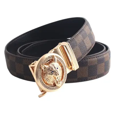 Men's 2023 Golden Wolf Head Belt with Plaid Strap