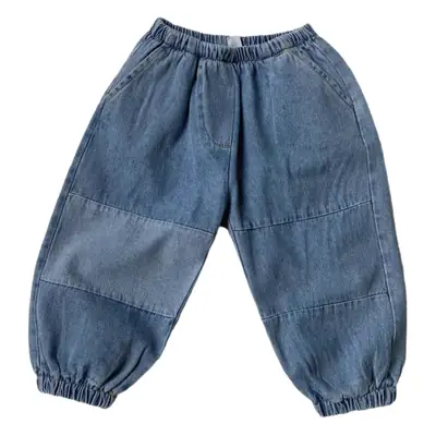 Gl-Kids Patchwork Cuff Jeans for Men Women Spliced Soft Denim 9-Point Pants