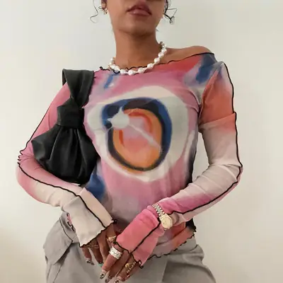 2024 Mesh Printed Long Sleeve T-Shirt Women Pink Rainbow Design