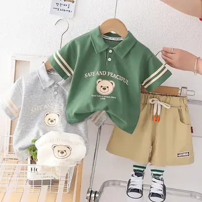 Children Cotton Polo Short Sleeve Suit Green Beige