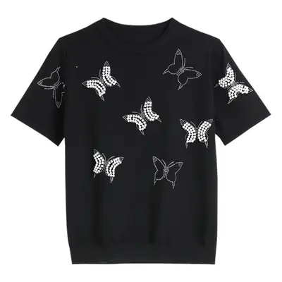 Black Beaded Short Sleeve T-Shirt for Women