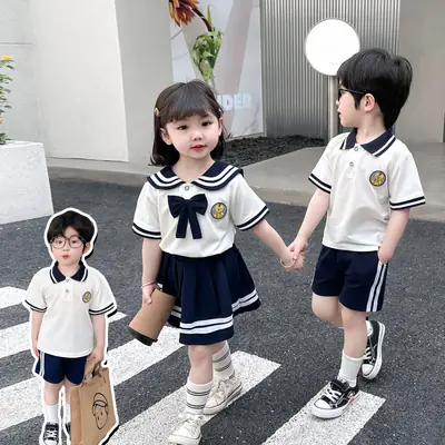 2025 Summer Kids Polo Shirt Set White Blue Knitted College Style