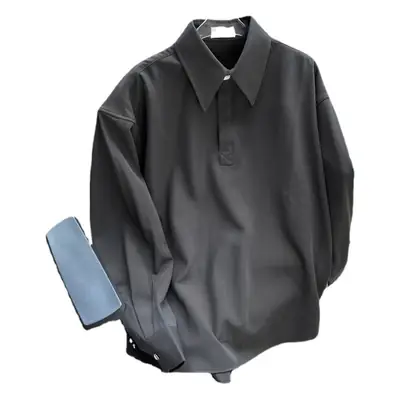 Japanese Long Sleeve Polo T-Shirt Men Black Loose Button Lapel