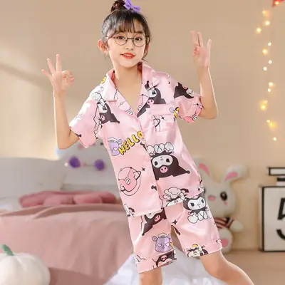 Girls Cartoon Print Pajama Set Purple Ice Silk