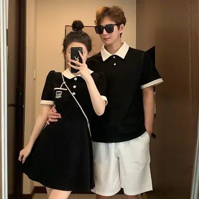 Couple 2Pc Black Embroidered Polo Dress Summer Wear