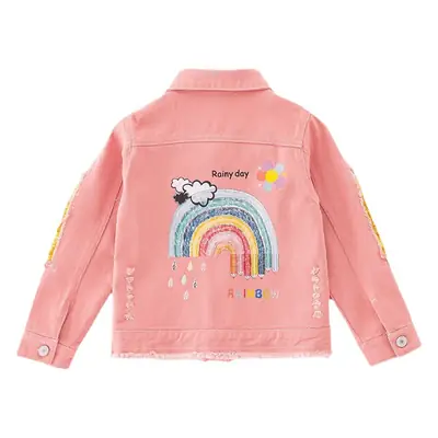 Girls Pink Frayed Denim Jacket with Yellow Embroidery
