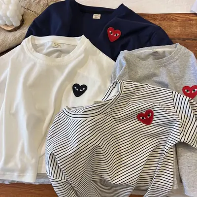 2024 Summer Striped Heart T-Shirt for Boys Girls Navy Blue