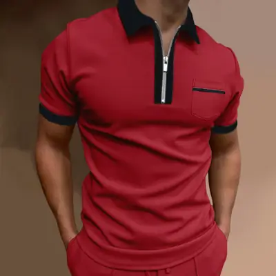 Men 3D Printed Polo T-Shirt Light Grey Zipper Pocket