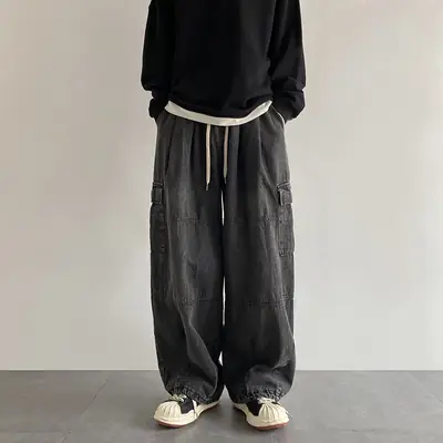 Men Blue Cargo Pants Wide Leg Spring Autumn Loose Fit