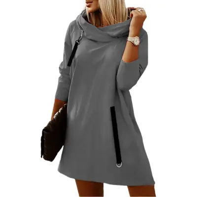 Women's Zipper Hooded Dress Brown Long Sleeve