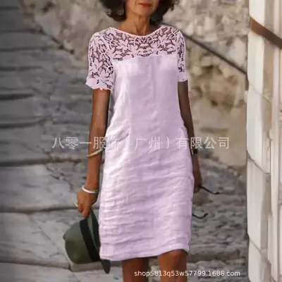 2023 White Lace Round Neck Cotton Dress for Women
