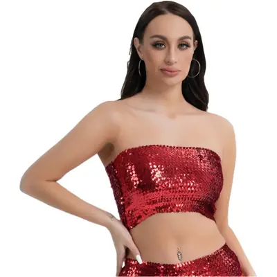 Red Sequined Strapless Bra Top for Women