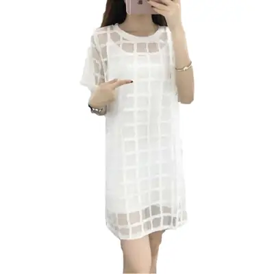 Black Mesh Plaid Dress Mid-Length Slimming