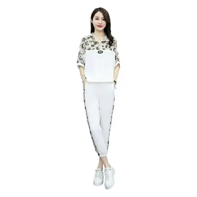 Women's White Floral Zipper Suit Summer Casual Two Piece