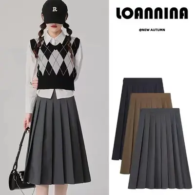 2025 Spring Pleated Skirt Set Brown Mid-Length