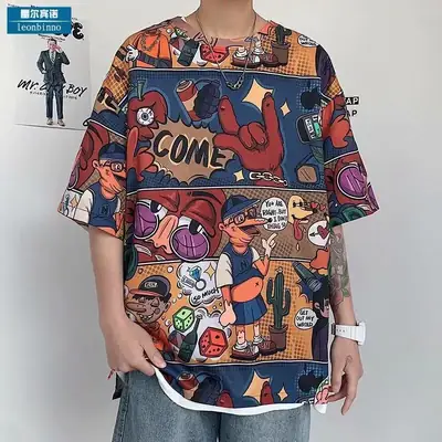 Men Anime Graphic T-Shirt Large Loose Summer Wear