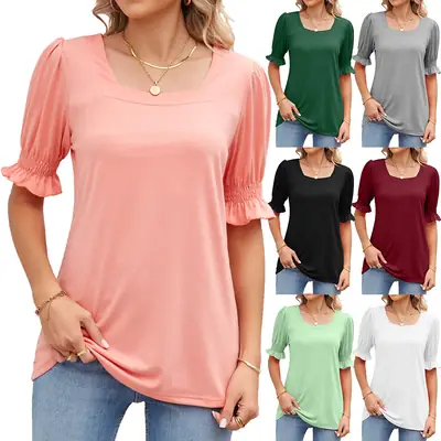 Women's Square Collar Princess Sleeve T-Shirt Summer Loose Fit