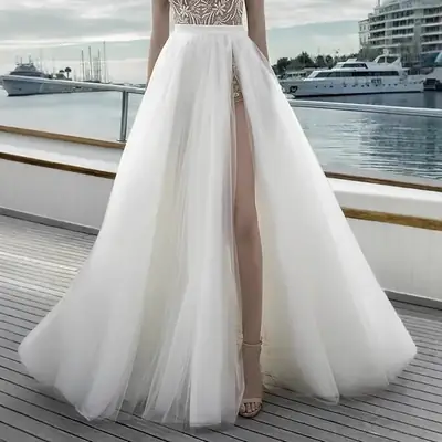 White Long High Waist Split Mesh Skirt for Women