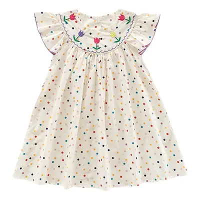 Korean Girls Dress 2025 Summer Flying Sleeves Polka Dot Tulip Embroidery