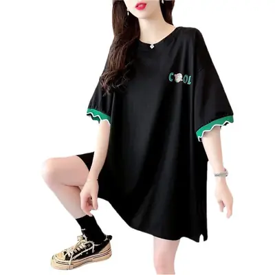 Women Cool Smile Printed T-Shirt Large Black Loose Sleeve