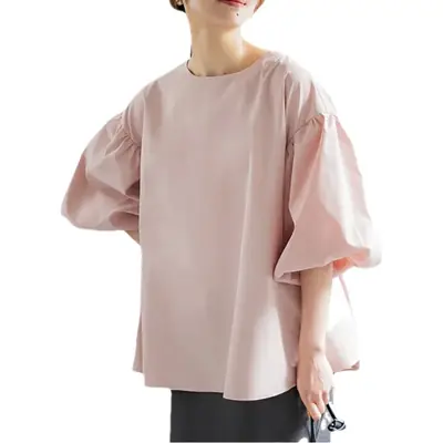 Lotte New Japanese Korean Summer Loose Large Women's Shirt Cotton Big Lantern Sleeve Round Neck Top Cross Border