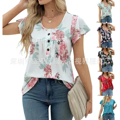 Women Floral Pleated Top Summer Casual Slim Fit