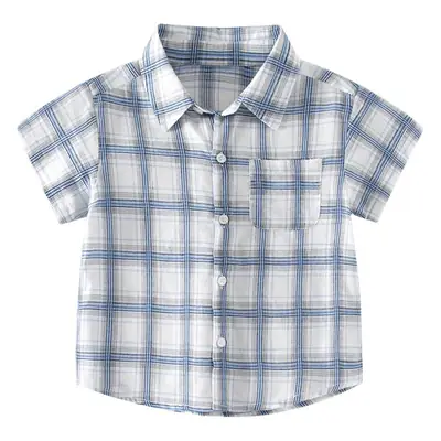 Blue Plaid Cotton Shirt for Kids Short Sleeve Casual Wear