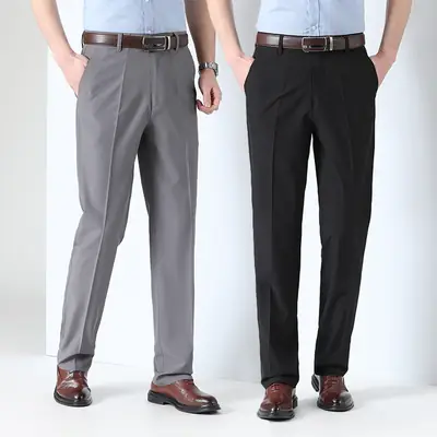 Men Ice Silk Pants Grey Loose Straight High Waist