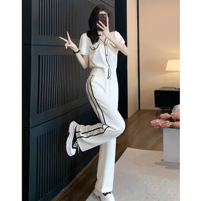 Women V-Neck Wide Leg Pants 2025 Casual Suit