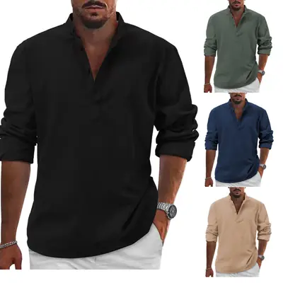 Men Linen Long Sleeve T-Shirt Solid Color Large