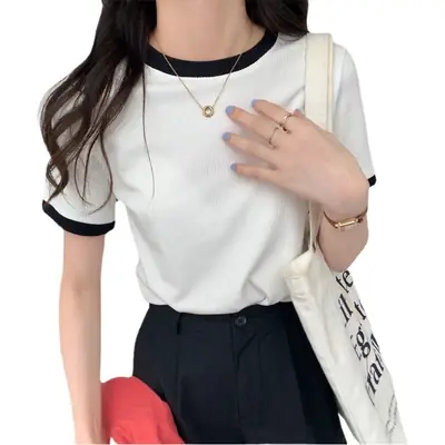 Women's 2025 Summer T-Shirt Black Trim Stretch Slim Fit