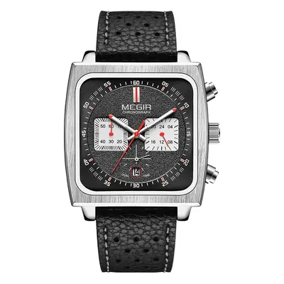 Megir Men's Genuine Leather Square Watch with Chronograph Display