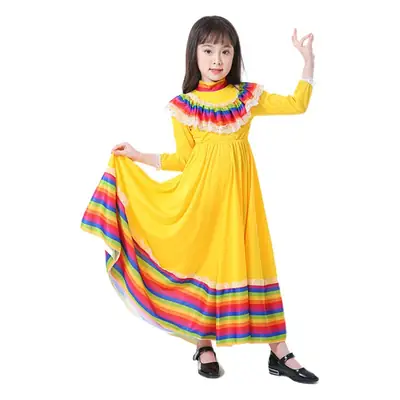 Kids Mexican Ethnic Halloween Costume Green Long Dress