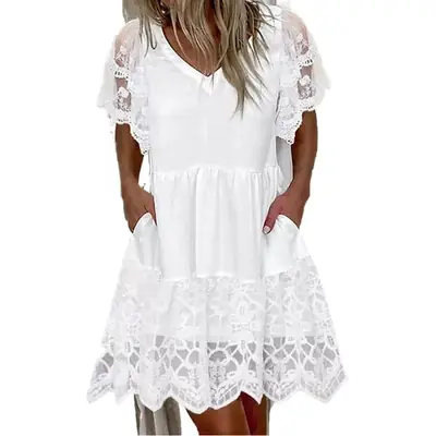White Lace Short-Sleeve Dress for Women
