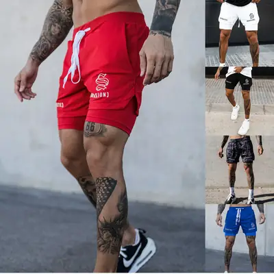 Men's Blue Camo Drawstring Shorts Athletic Wear