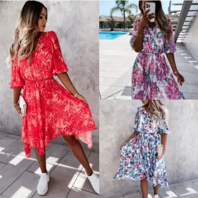 Asymmetrical Printed Women's Dress Floral Pink Belted
