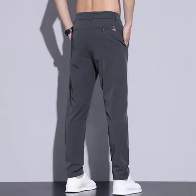 2023 Men's Black Ice Silk Straight Stretch Trousers