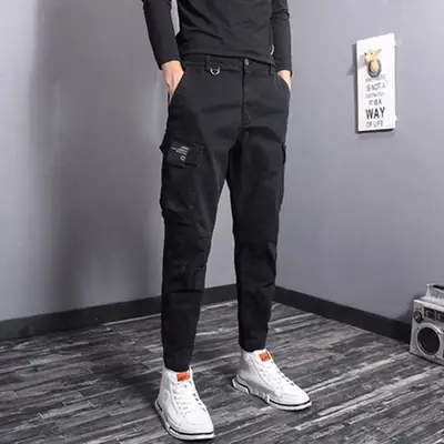 Men Slim Fit Korean Style Pants Black Ankle Tied