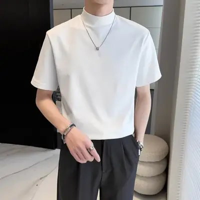 Men White Half Turtleneck Short Sleeve T-Shirt 2024