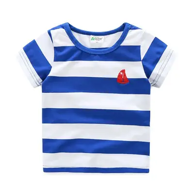 Blue Striped Boys T-Shirt Red Embroidered
