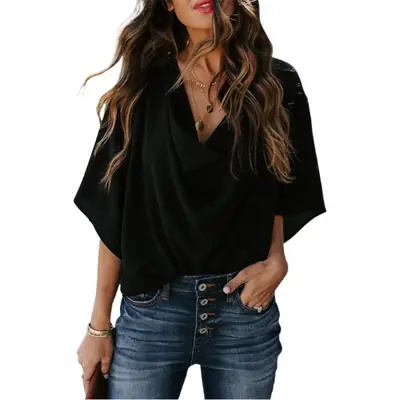 Women's V-Neck Chiffon T-Shirt Yellow Loose Fit Casual Top
