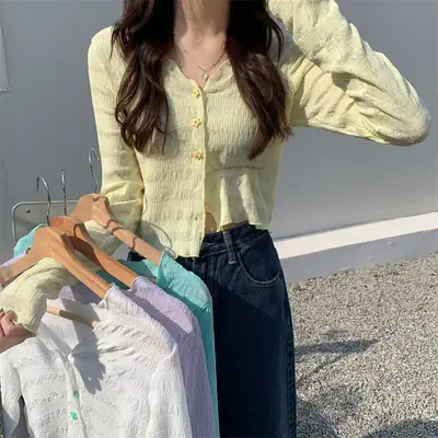 Hot Girl Summer Sunscreen Blouse Knitted V-Neck Long Sleeve